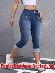 Summer Women's Fashion Denim Look Tight-Fit Pants, Printed Cropped Seven-Eighths Leggings, Non-Denim Fabric, All Seasons Wearable Bottoms