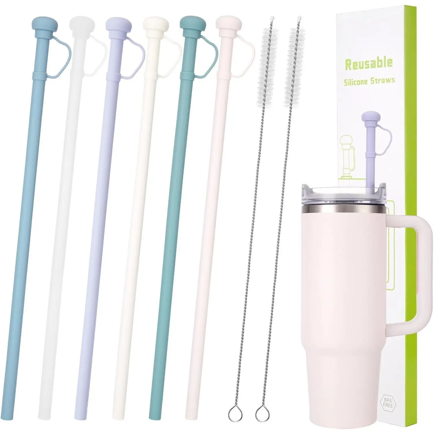 6 Replacement Silicone Straw Compatible with  Owala 40 oz 30 oz Cup Tumbler, 12In Long Reusable Straws With Straw Cover, 2 Cleaning Brush for  Owala 40 oz Tumbler Accessories