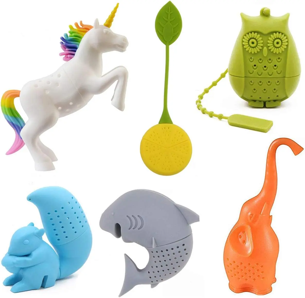 Silicone Tea Infuser Set of 6,Creative Animal Tea Ball Strainer Tea Filters Loose Leaf Cute Infuser Strainer Includes Unicorn Owl Elephant Shark Squirrel Lemon