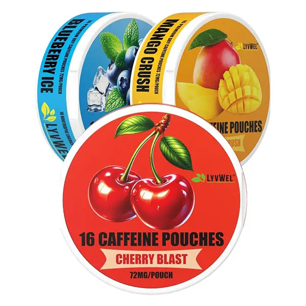 LyvWel 72mg Caffeine Energy Pouches – Cherry Blast, Blueberry Ice, Mango Crush – Clean Energy with Guarana for Focus & Stamina – 3-Pack (48 Total Pouches)