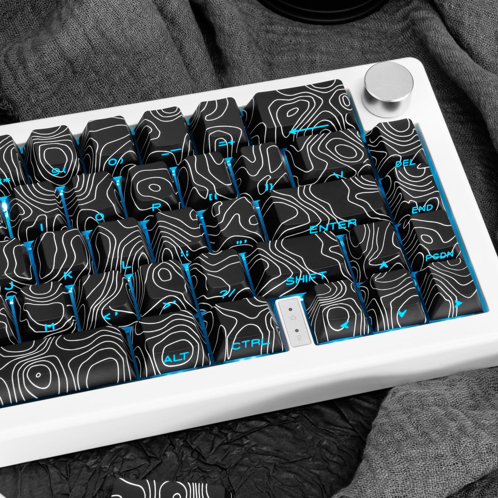 131-Key Black Topographic PBT Keycaps, Cherry Profile Side Printed Shine Through Dye Sublimation Custom Keycaps Compatible with All MX Switches Only Keycaps