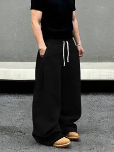 Men's Street Style Solid Color Straight Leg Loose Fit Sweatpants, Summer Fitted Kint Fabric, Comfortable Casual Wear