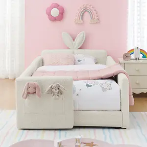 Twin Size Upholstered Platform Bed with Cute Rabbit Ear Shaped Headboard Safety Rail Pocket Boucle Fabric Beige for Playful Bedrooms