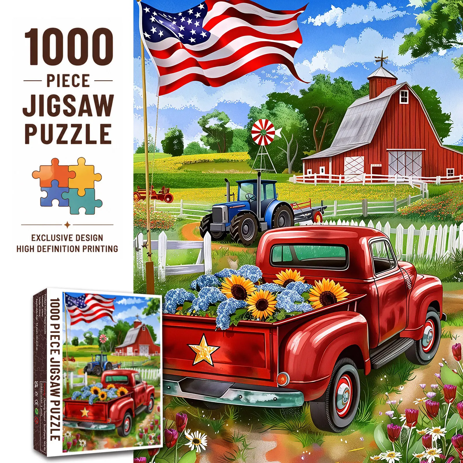 Walarky American Farmhouse 1000 Pieces Jigsaw Puzzle, Vintage Red Truck Barn and American Flag Artwork, Country Farm Landscape, Family Game Night, Stress Relief, Relaxing Brain Challenge, Wall Decor, Gift for Adults and Seniors, 27.5x20inch(70x50cm)
