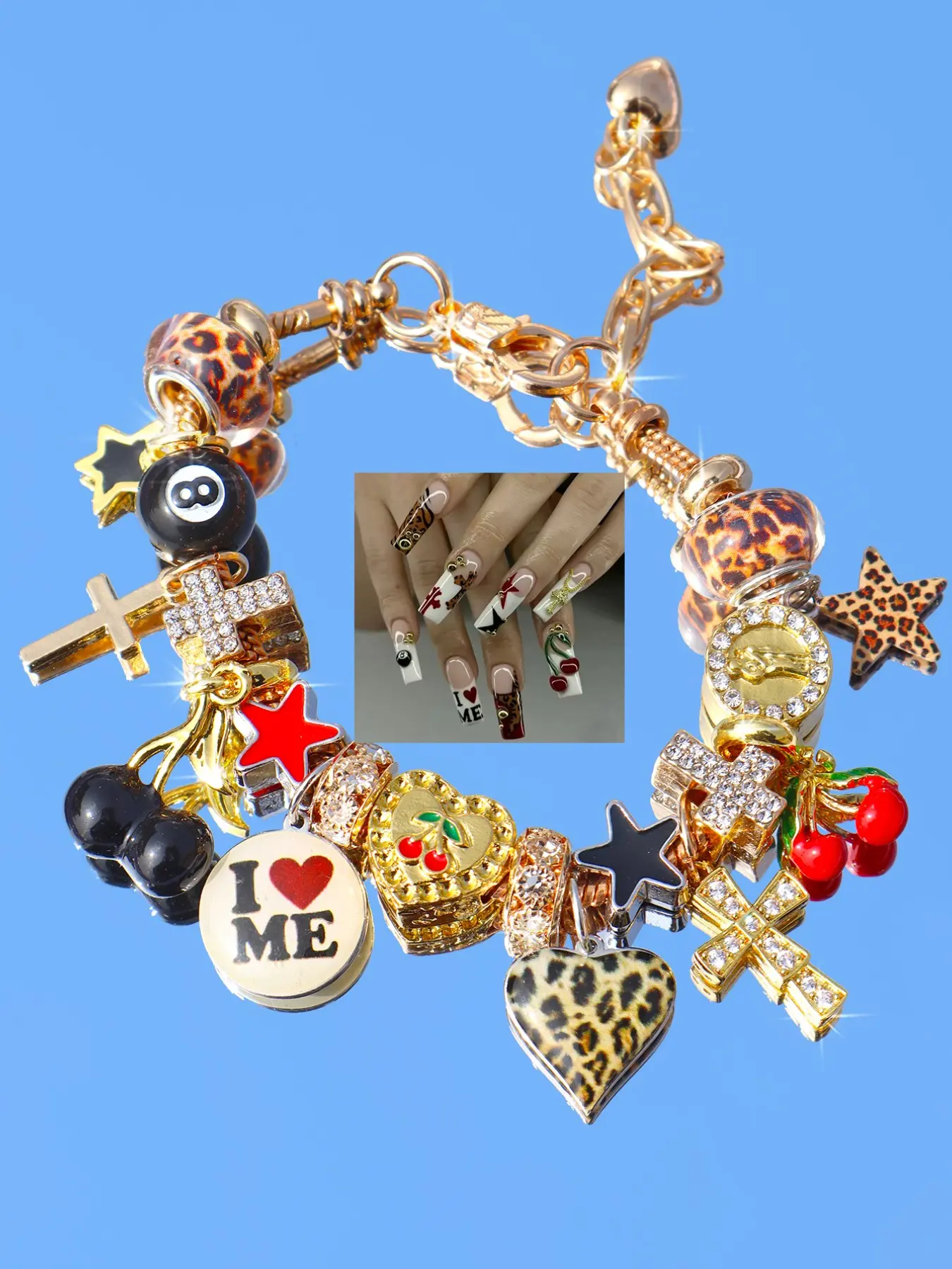 Cute Cherry Charm Bracelet, Leopard Print Star Girl Bracelet, 8 Ball Dark Bracelet, Cross Star Bracelet, Punk Music Festival Bracelet, Fashionable Bangles, Pretty Bracelet, Cute Jewelry