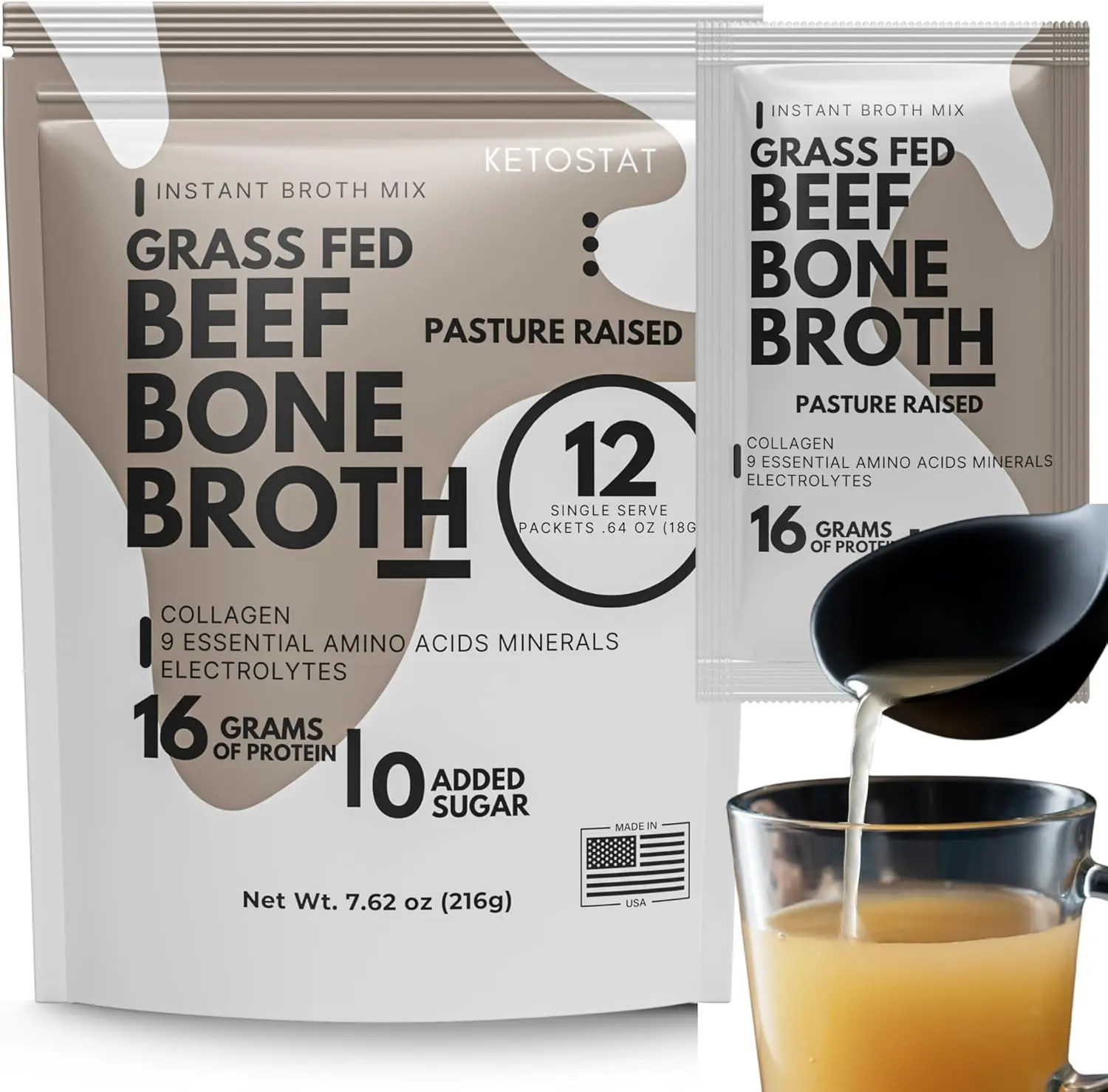 Ketostat Grass-Fed Beef Bone Broth Protein Powder Packets - 12-Pack (18g Each), 16g Hydrolyzed Beef Collagen, Made in USA, Natural Healthcare Dietary Grassfed Protein Supplement Drink Mix