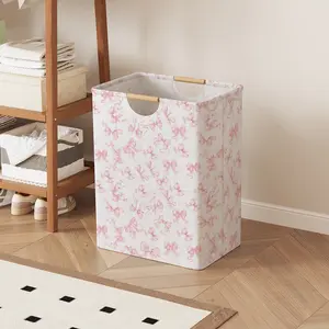Foldable Bow Pattern Storage Basket with Handles, Open Design Laundry Hamper for Home Bathroom Organization, Collapsible Dirty Clothes Bin, Laundry Basket Organizer