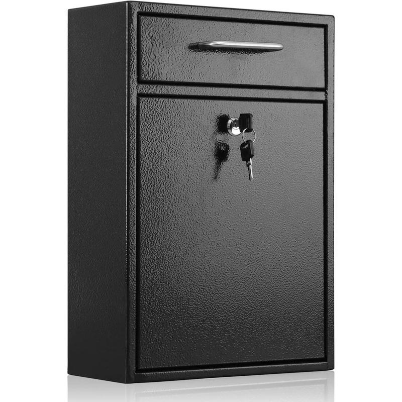 Metal Mailbox Wall Mount, Large Locking Mailbox with Key Lock, Hanging Secure Postbox,  Key Drop Box, Collection Boxes, Black, 17.6H x 12.2L x 5.7W Inches, XL Large