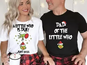 Custom A little who is due Couples Grincmas Pregnancy Announcement T-Shirt, Christmas Maternity Shirt, Matching Xmas Pregnancy TShirt, Baby Reveal Gifts