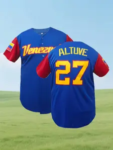 "Venezuela 27" Stitched Men's Baseball Jersey,Casual Loose Short Sleeve V-Neck Baseball Top for All Seasons, Baseball Christmas Gifts, Sportswear for Training & Competition, Workout Tops Sports Clothing