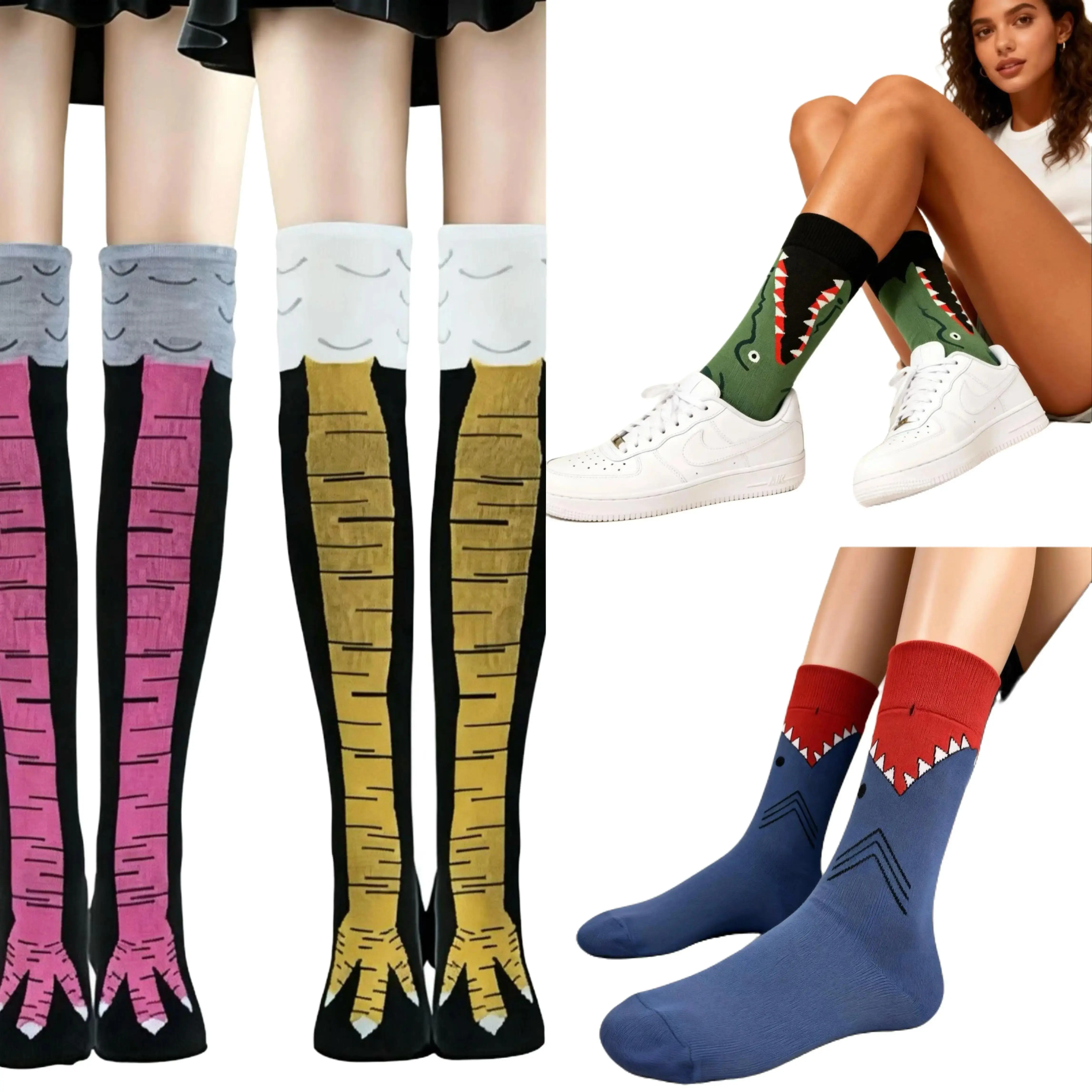 Women's Basic 4-Pair 3D Novelty Funny Chicken Costume Socks, Knee-High & Mid-Calf Animal Paw Socks, Cotton Jacquard, Breathable, Absorbent, 1 Size