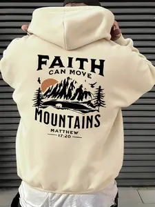 Hoodie Cream Faith Can Move Mountains, Bible Verse Graphic Print, Fitted Style for Fall & Winter, Ideal for Outdoor & Casual Wear