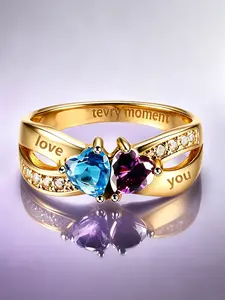 Double Heart Colorful Diamond Ring, Luxury Style Band, Engraved Love Design, Hypoallergenic, Couple Gift, Women's Birthday Present