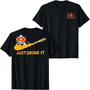 Dos Equis Beer Bottle Splash Graphic Black T-Shirt Just Drink It Slogan Print Tee, Funny Mexican Lager Streetwear Style Shirt for Men Women Unisex Casual Summer Top
