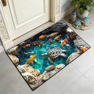 Entrance Mat with Pond Turtle and Fish Design, Reflective Short Velvet Rug, Home Decor Carpet for Entryway Living Room Bedroom Kitchen Outdoor, Animal Printed Rug