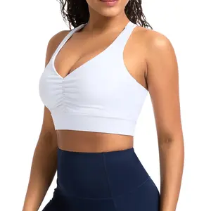 THE GYM PEOPLE Women's Cross-Back Ruched V-Neck Sports Bra Wide Strap Supportive Workout Yoga Crop Top Removable Pads