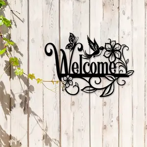 1 large welcome sign metal wall decoration, cursive floral pattern, outdoor garden art, durable iron structure, courtyard and foyer decoration, with easy hooks attached, holiday gift, large 15.75x11.34 inches, Home Decor Products