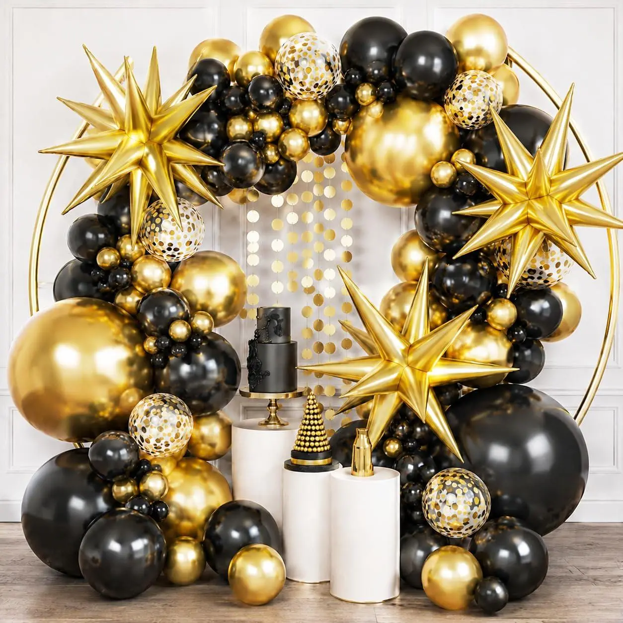 PartyWoo 140-Piece Black and Gold Hand Round Balloon Set, Metallic Confetti Mix with Star Spike (18/12/10/5 in) for Birthday-Themed Decorations, Graduation Events
