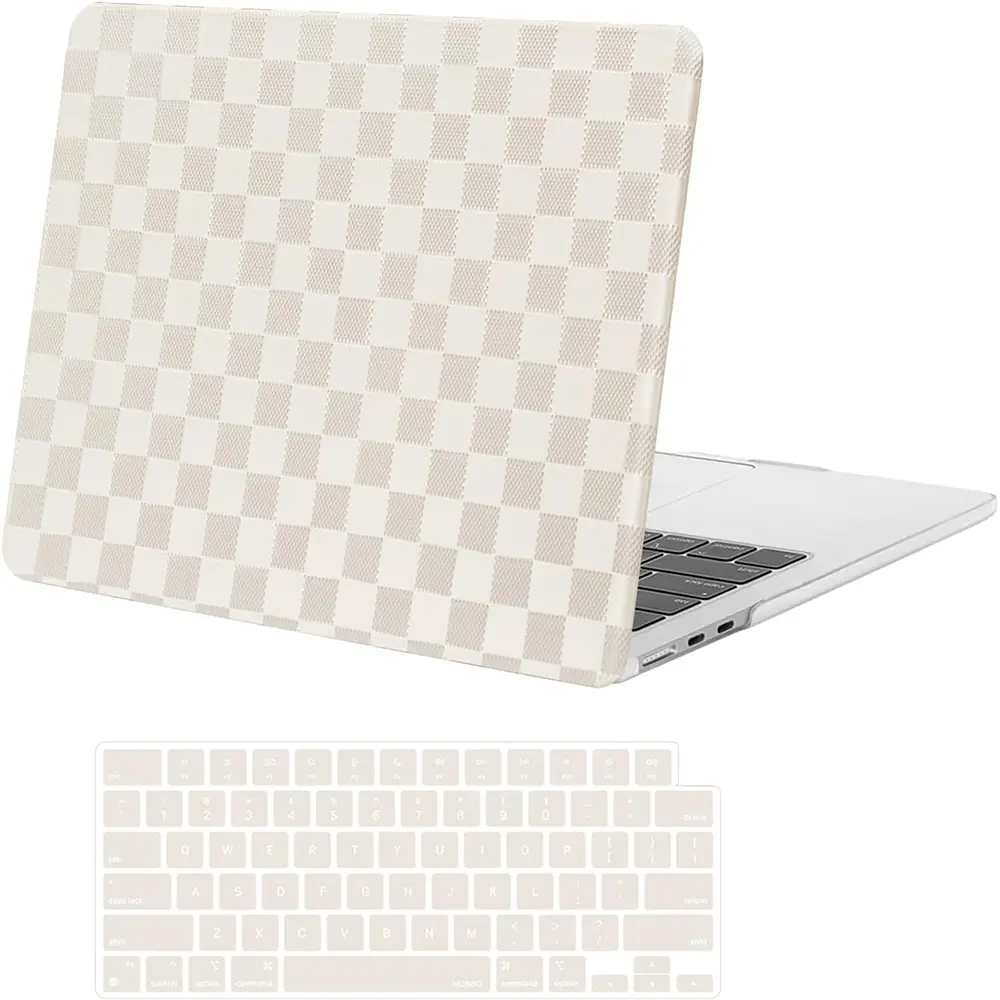 MOSISO Hard Shell Plastic Case for 13.6 inch MacBook Air 2022-2025 (M4 A3240, M3 A3113, M2 A2681) - Slim, Water-Resistant, Glossy, Flexible, Heat Dissipation, Anti-Fingerprint Checker Pattern PU Leather Coated Polycarbonate, Beige, with Keyboard Cover