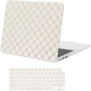 MOSISO Compatible with MacBook Air 13 inch Case 2025 2024 2023 2022 M4 A3240 M3 A3113 M2 A2681, Anti-Fingerprint Checker Texture Grid PU Leather Coated Plastic Hard Shell&Keyboard Cover, Beige