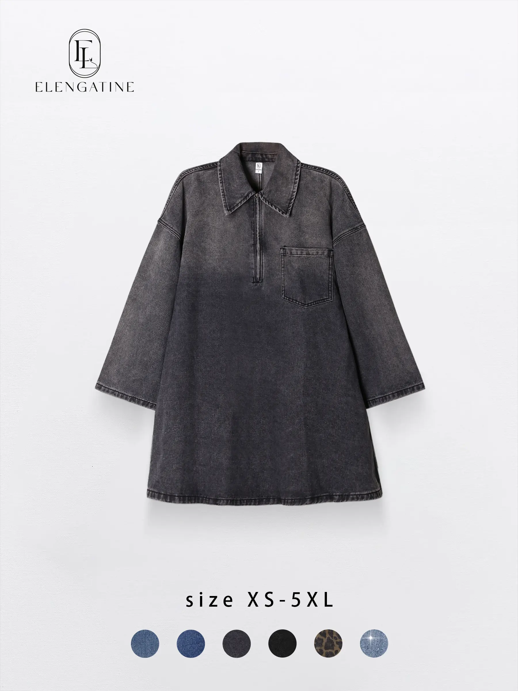 Thank You Anniversary | $29.9 Elengatine Women's Denim Dress Half-Zip Collared Vintage Washed Blue Loose Thank You Anniversary | $29.9 Elengatine Women's Denim Dress Half-Zip Collared Vintage Washed Blue Loose