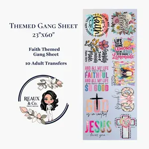 Faith Themed Gang Sheet 23"x60" with 10 Transfers High-Quality Film Powder Ink Vibrant Full-Color Prints for Light & Dark Fabrics