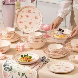 8/10/16/24 piece ceramic tableware set, Dinnerware service set, peach blossom pattern, cute pink, including rice bowl, plate, soup bowl, spoon, for vegetables, salads, fruits, suitable for home use, restaurants, parties