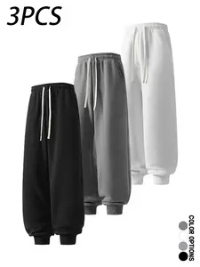 3-pack men’s casual sweatpants for spring/autumn, jogger long pants with a simple solid color design, drawstring elastic waistband, loose fit for everyday wear, leisure, sports, and fitness.