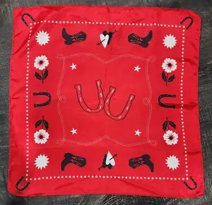 Western Ranch Rag Wild Cowboy Scarf, Boho Style, Red, 22 inches Square