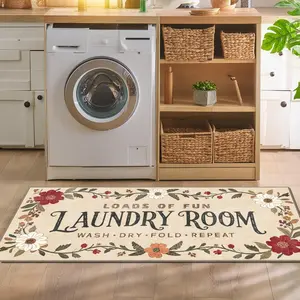Laundry Room Rug 16"x48" – Low-Profile Boho Non-Slip Runner Rug with TPE Backing, Durable Washable Soft Laundry Mat, Comfortable Floor Mat for Laundry Room Organization, Fits Washer Front, Kitchen Mat