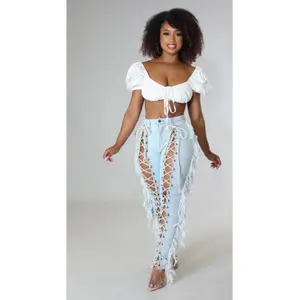 So Xtra - Laced-Up Light Blue Denim Jeans