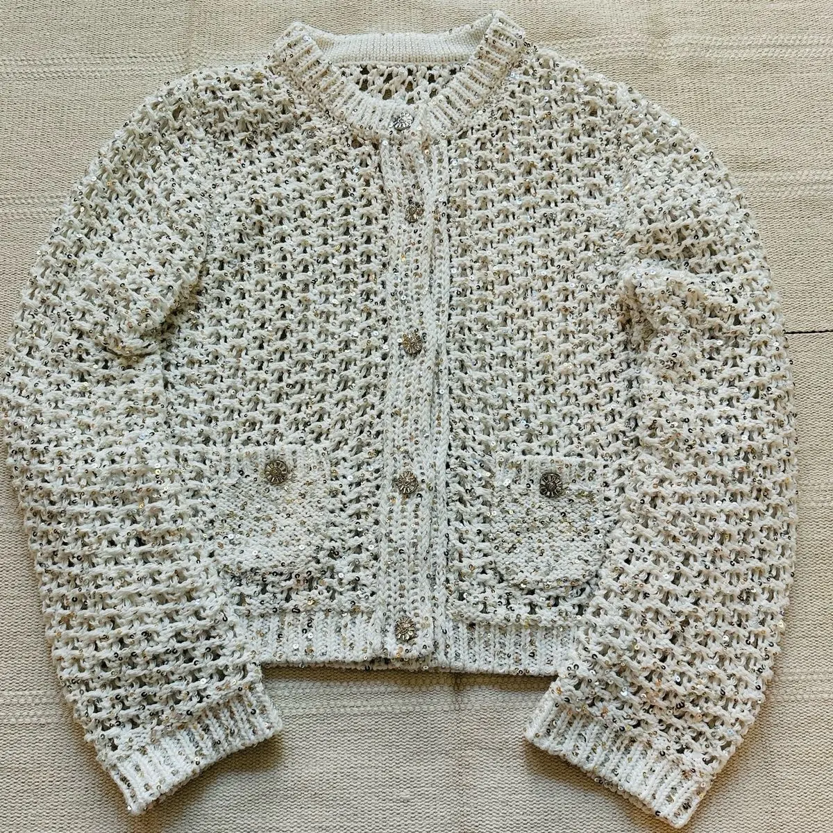 White & Gold Sequined Knit Cardigan HOLIDAYS