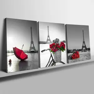 Eiffel Tower Pattern Canvas Painting with Frame, 3 Counts/set Flower & Paris Landscape Pattern Wall Art, Wall Decor for Home Living Room Bedroom Office, Ornaments