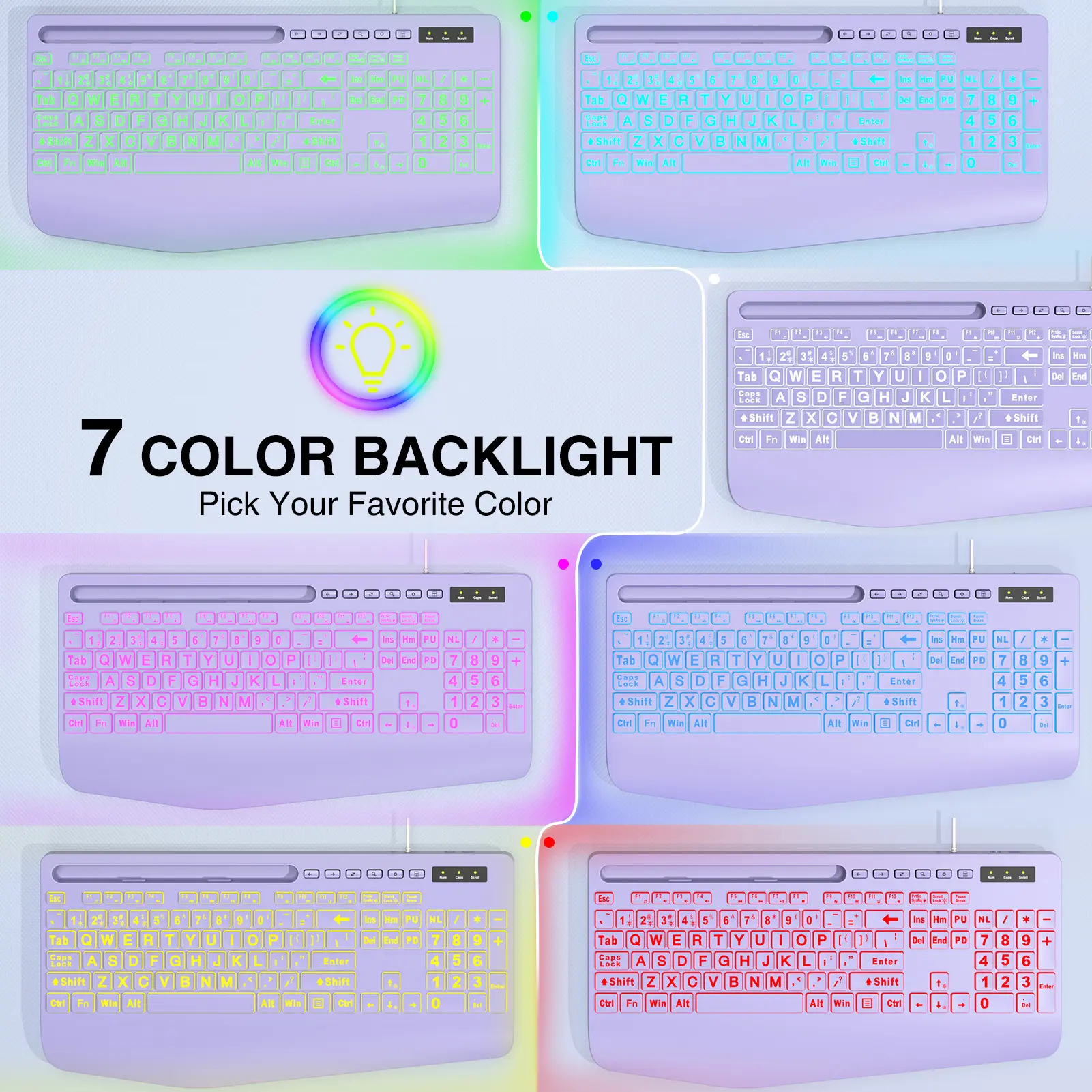 SABLUTE K21 Pro Large Print Backlit Keyboard, Wired USB Computer Keyboards with 7-Colors Backlight, Wrist Rest, Phone Holder, Oversized Letter Keys Easy to See and Type for Laptop, PC, Windows