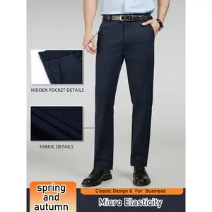 Men's Cotton-Blend Embroidered Dress Pants - Solid Color, Straight Leg, Thick Warm Trousers for Commute & Office, Perfect for Spring, Fall & Winter