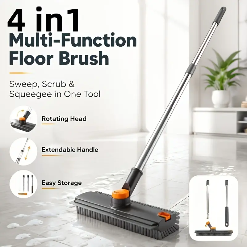 Stainless Steel Rotatable 4-in-1 Long-Handled Scrubber - Hard-Bristled, 3-in-1 Scraping, Hidden Cleaning Clips, Detachable Mop for Shower Rooms, Kitchens, Garages