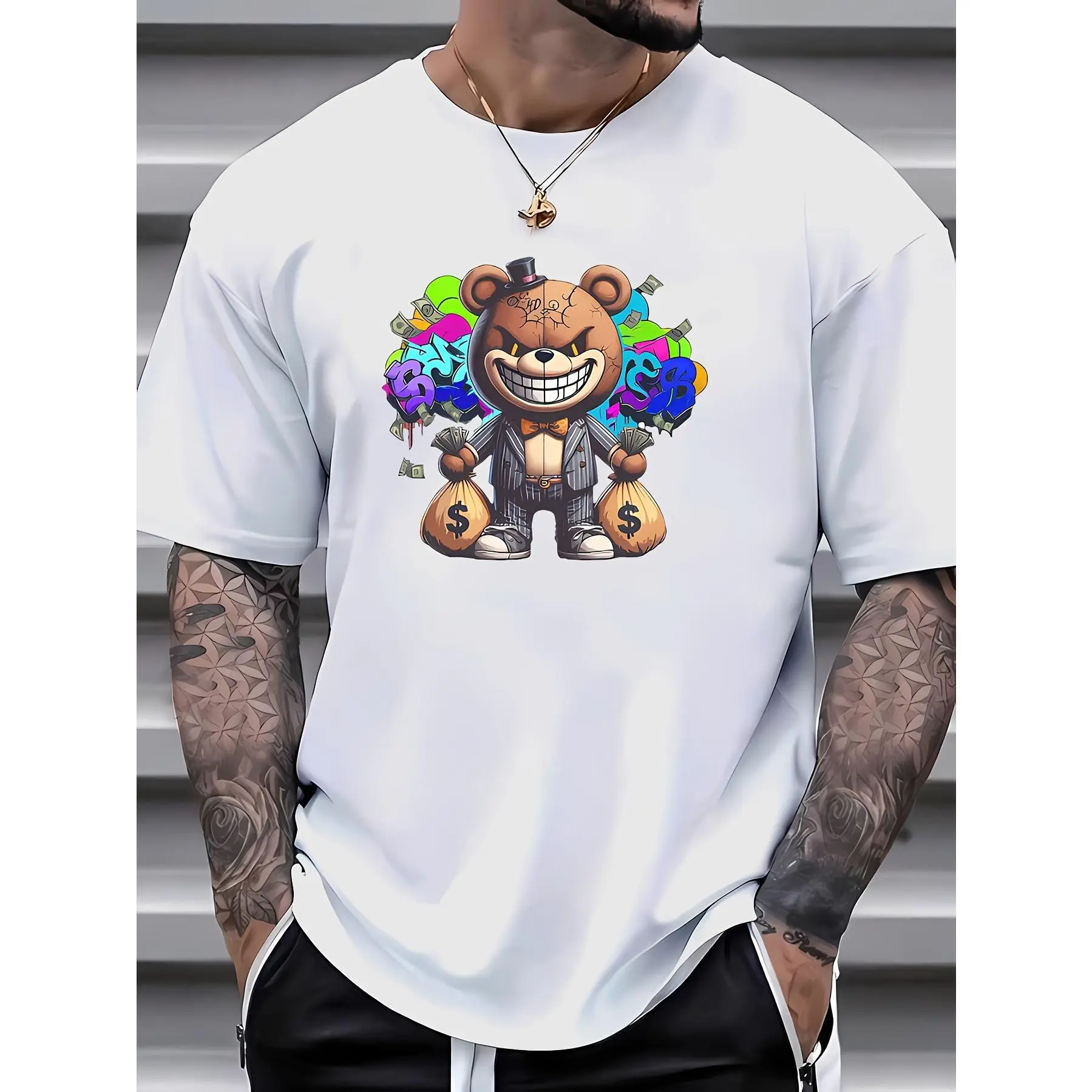 Men's Graphic Print Short-Sleeve Round Neck T-Shirt - 100% Cotton Knit Fabric, Slight Stretch Casual Streetwear Summer Top, Shortsleeve