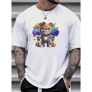 Men's Summer Casual T-Shirt with Unique Bear Print - Soft Polyester & Spandex Blend, Crew Neck, Short Sleeve, Machine Washable