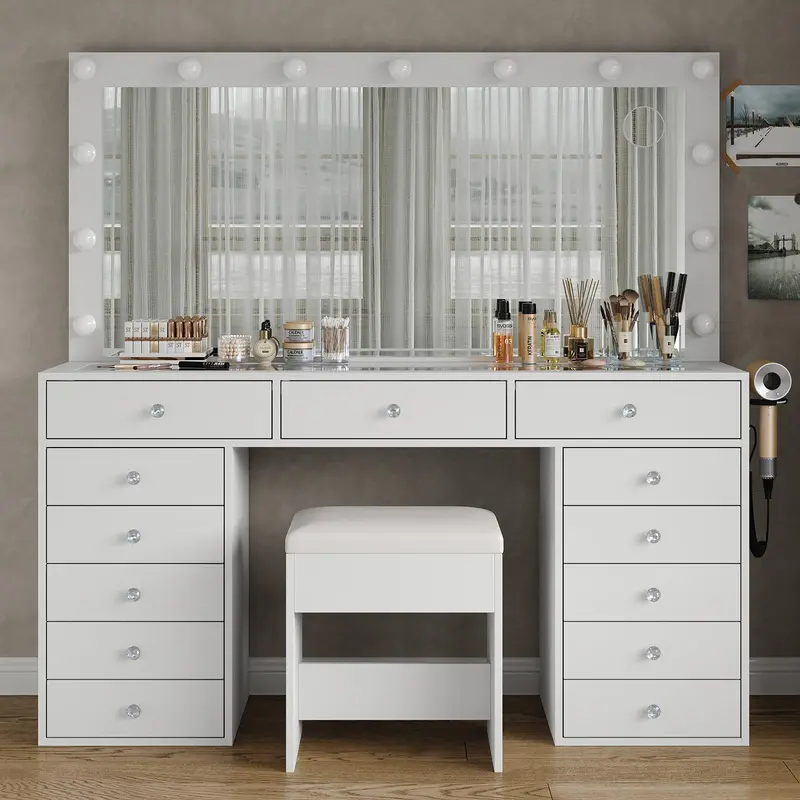 FUSOU 55"W 13 Drawers Vanity Desk, [Shipping By 2 Packages],Makeup Vanity with Power Outlet, Vanity Table with Mirror and 13 LED Bulbs, 3 Color Lighting Modes, Glass Top, Dressing Table for Bedroom,SummerVibe