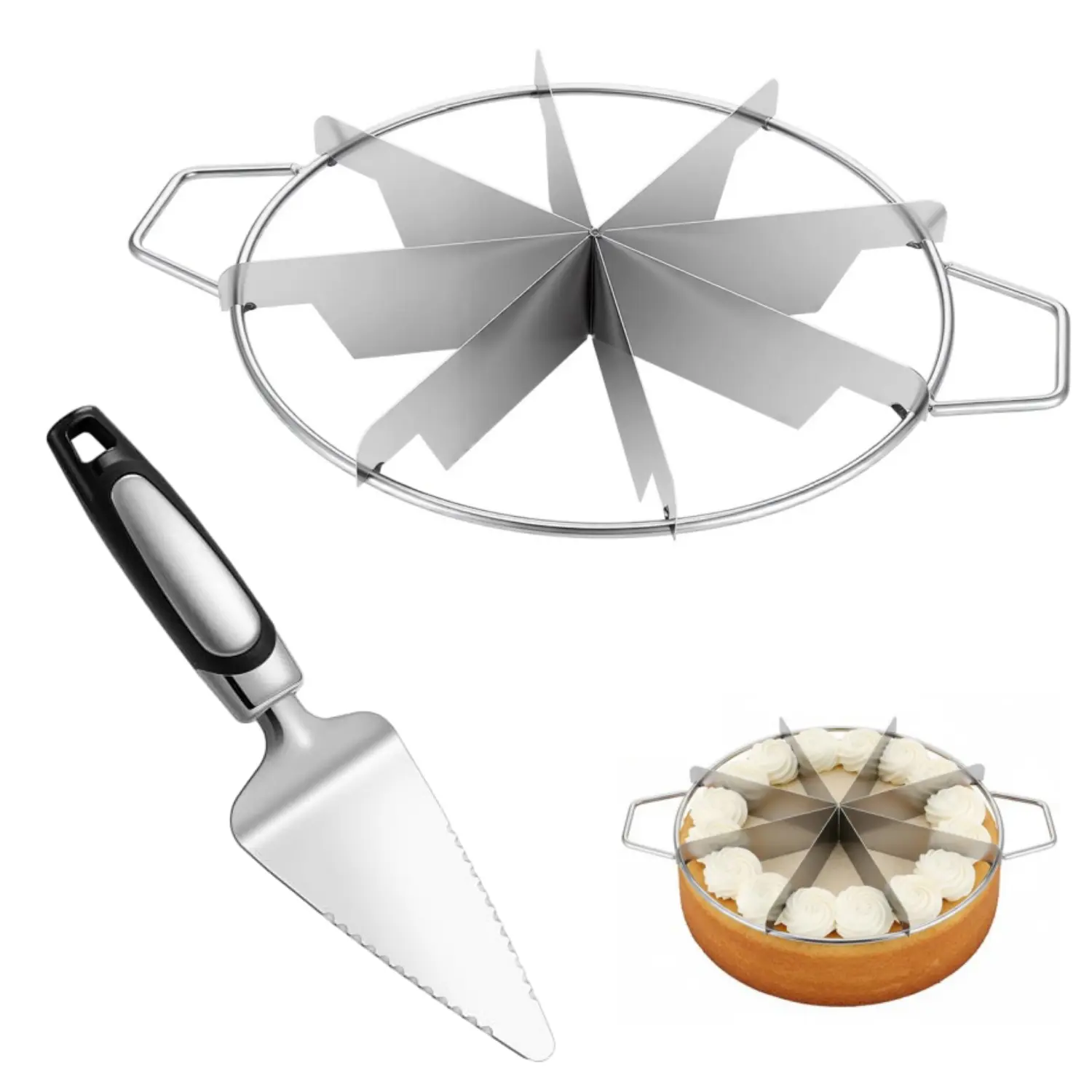 Stainless Steel Pie Cutter & Pie Server Spatula Set, 8-Cut Round Divider With Side Handles For Even Slices, Rust Proof For Commercial Home Baking ﻿