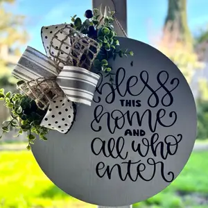 Bless This Home and All Who Enter Round Door Hanger with Polka Dot Bow and Greenery for Home Decor