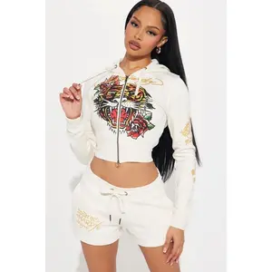 Ed Hardy Tiger Head Zip Front Hoodie - Ivory L