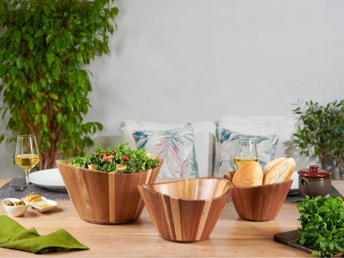 Wavy Wooden Salad Bowl Set (3 pc) 12″-10″-8″ | Hand-Carved Acacia Serving & Mixing Bowls for Salad, Fruit and More | Woodenhouse