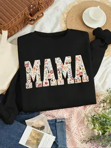 Women's Floral & Letter Print Round Neck Sweatshirt, Casual Long Sleeve Crew Neck Pullover for Fall & Winter, Women's Clothes for Daily Wear