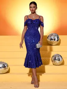 Women's Glitter Sequin Cold Shoulder Bodycon Dress, Elegant Adjustable Strap Spaghetti Strap Backless Evening Party Gown, Elegant and Classy Formal Dresses, Ladies Clothes for All Seasons, Formal Wear