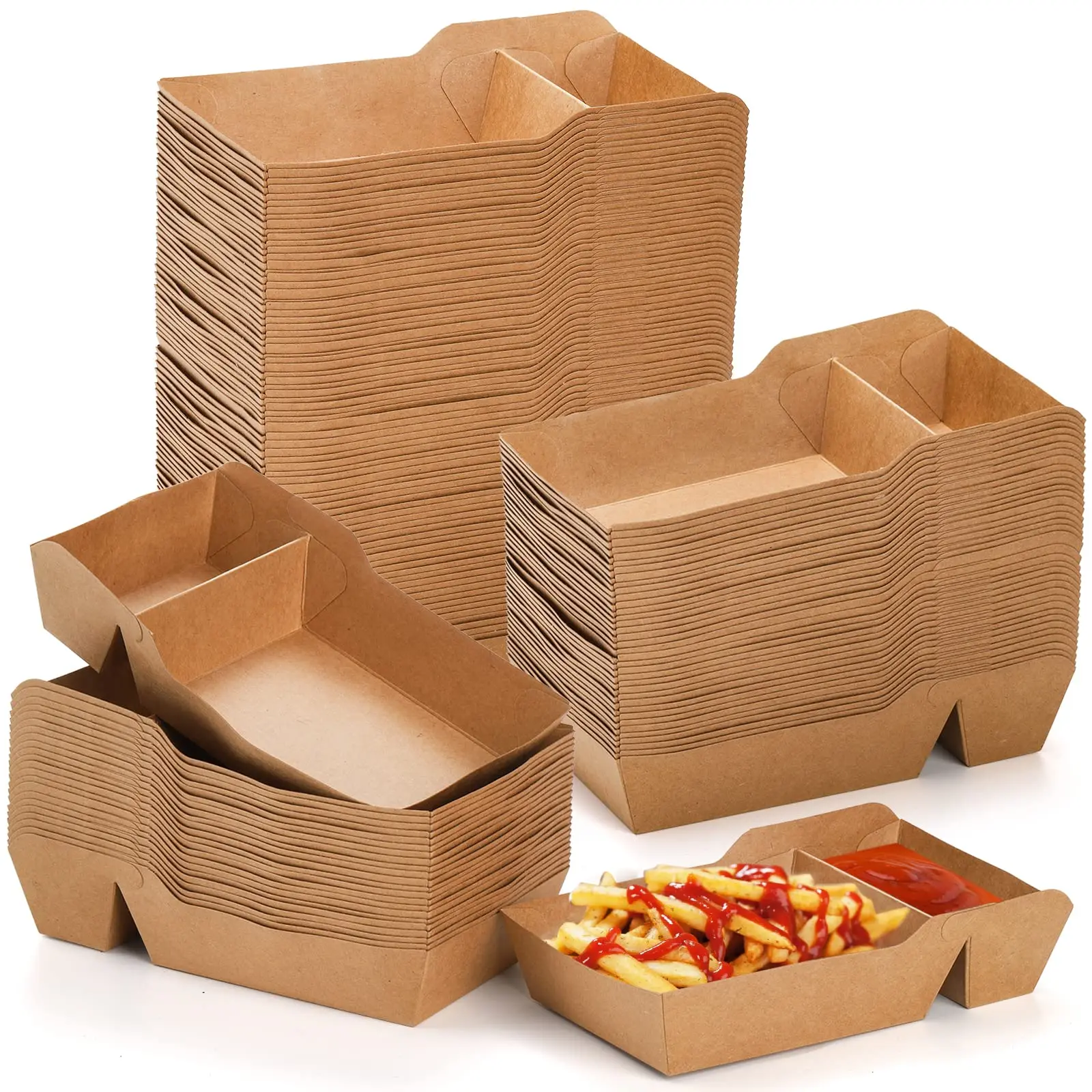 100 Pack Food Serving Tray, 2 Compartment Disposable Kraft Nacho Boat Tray, Grease Resistant Heavy Duty Paperboard, Take Out Fast Food Snack Holder Container for Party