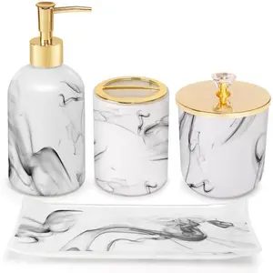Bathroom Accessories Set, 4 count Marble Look Sets Soap Dispenser &  Holder Counter Top Restroom Apartment Decor Stuff, Glass Kits,  for Women and Men, Ink White