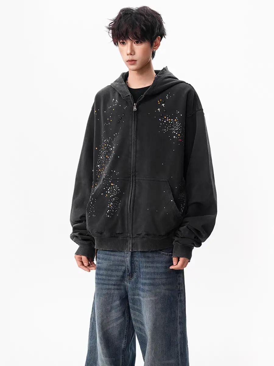 Hotfix Rhinestone Star Zip Up Hoodie Vintage Washed Hoodies