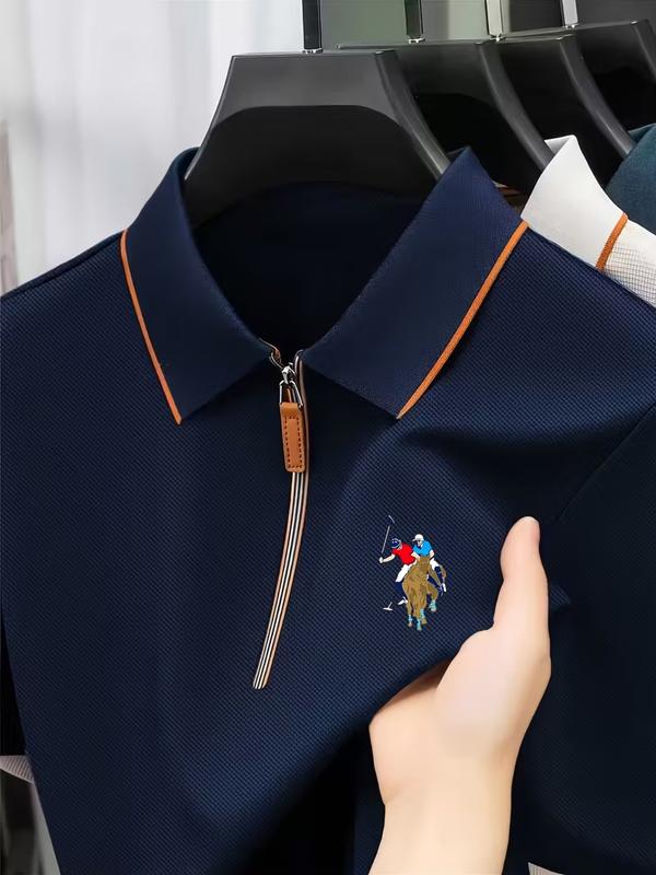 New Casual Printed Zip Short Sleeve Polo Shirt, Comfortable Fabric with Stylish Logo, Ideal for Golf, Fishing, Beach Vacations and Camping