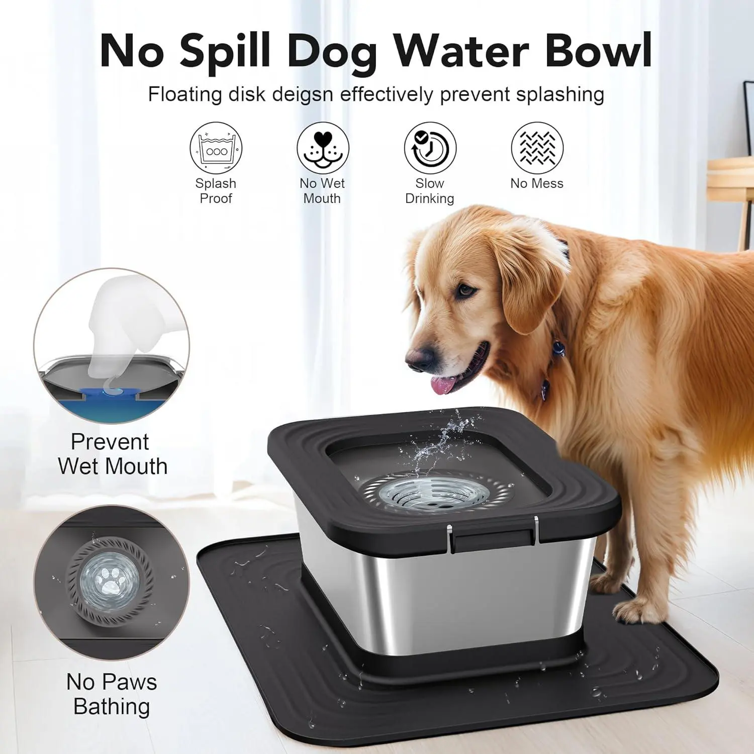 Decflow 10L Stainless Steel Large-Capacity Dog Bowl - No-Spill Anti-Splash with XXL Silicone Mat, Slow Feeder for Messy Drinkers, Heavy-Duty Poly Lumber Pet Dish for Indoor/Outdoor Mess Control, Black